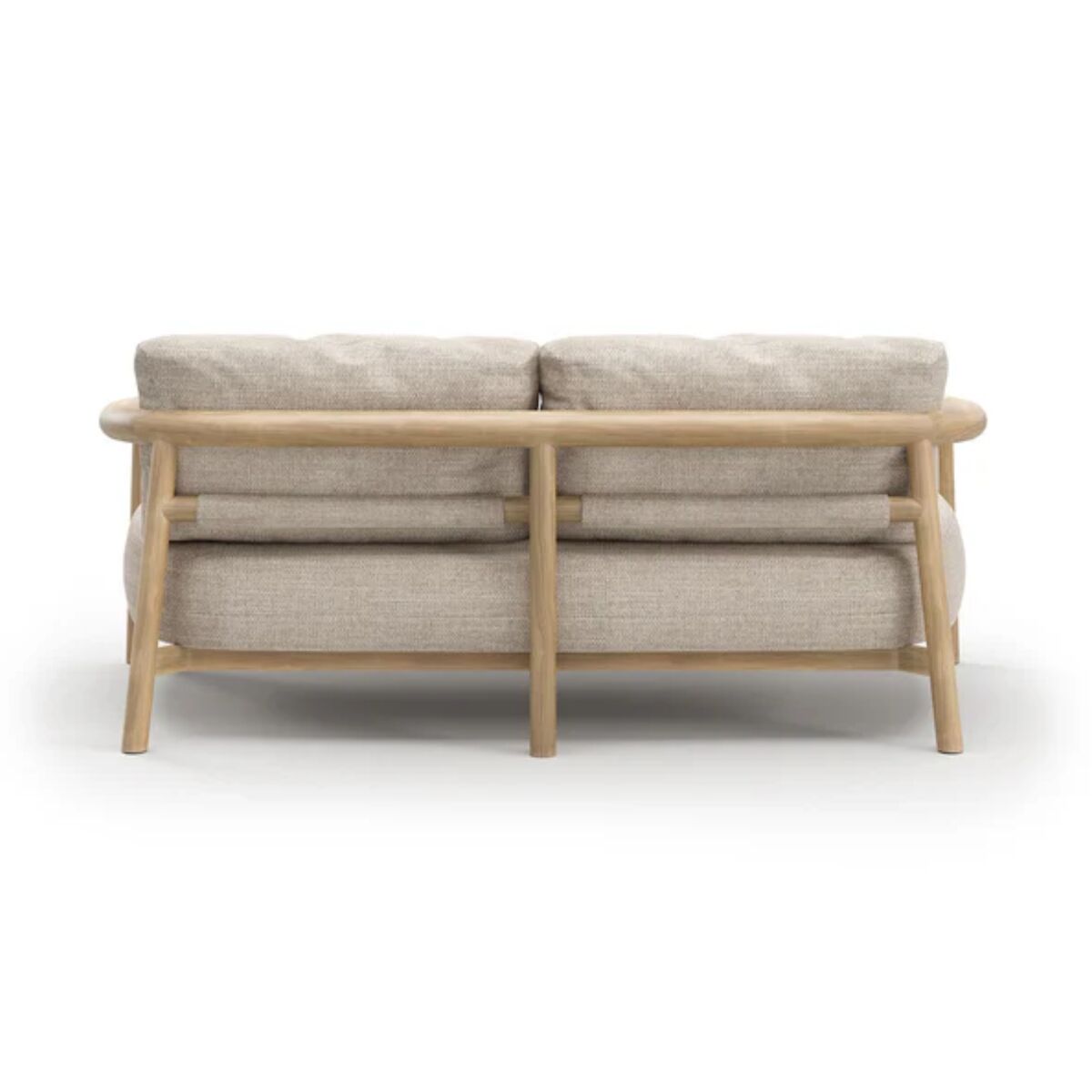 Elegancka sofa ogrodowa Lyora z prostym drewnianym stelażem i jasną tapicerką
