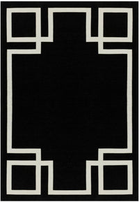 Czarny dywan Hampton w stylu Art Deco z białym geometrycznym wzorem ramki, wykonany w technologii łatwego czyszczenia.