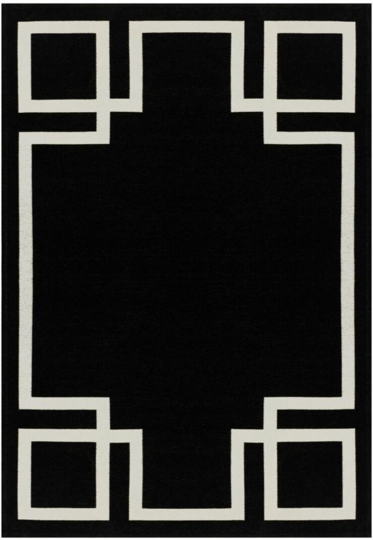 Czarny dywan Hampton w stylu Art Deco z białym geometrycznym wzorem ramki, wykonany w technologii łatwego czyszczenia.