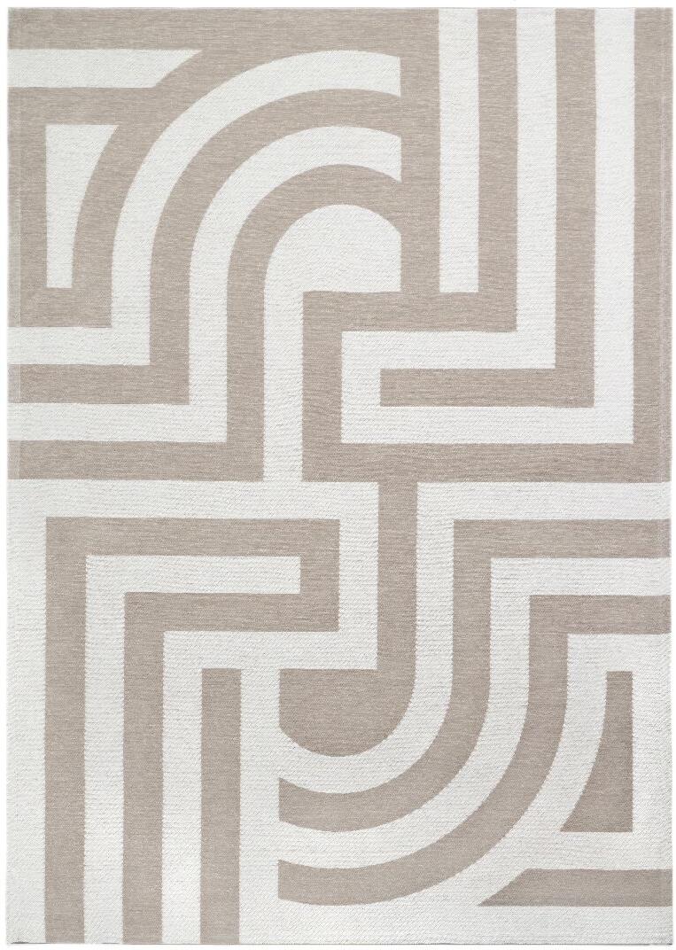 Beżowy dywan Tiffany z geometrycznym wzorem w stylu Art Deco, wykonany w technologii łatwego czyszczenia Magic Home.