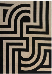Dywan Tiffany Black z geometrycznym wzorem w stylu Art Deco w czarno-beżowej kolorystyce, łatwy w czyszczeniu.