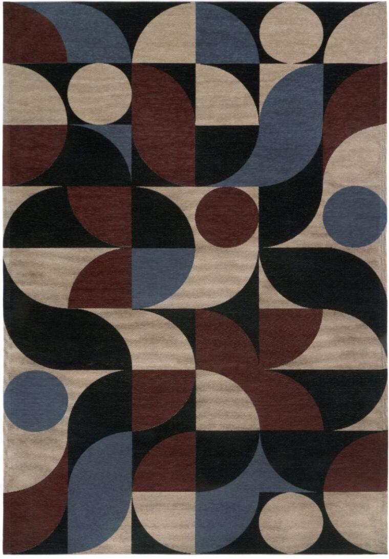 Dywan Deco Blue Copper z geometrycznym wzorem w kolorach niebieskim, miedzianym, czarnym i beżowym w stylu Art déco.