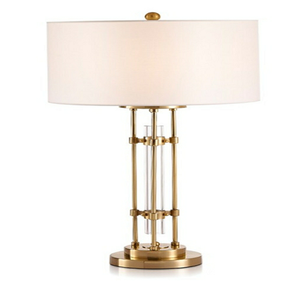 Lampa stołowa Florence ze szklaną tubą i metalową konstrukcją wykończoną złotym kolorem