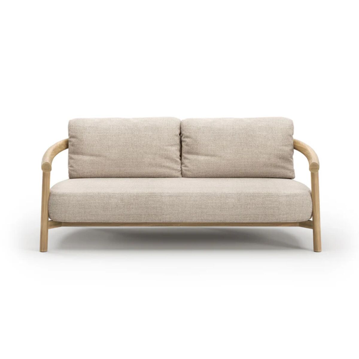 Elegancka sofa ogrodowa Lyora z prostym drewnianym stelażem i jasną tapicerką