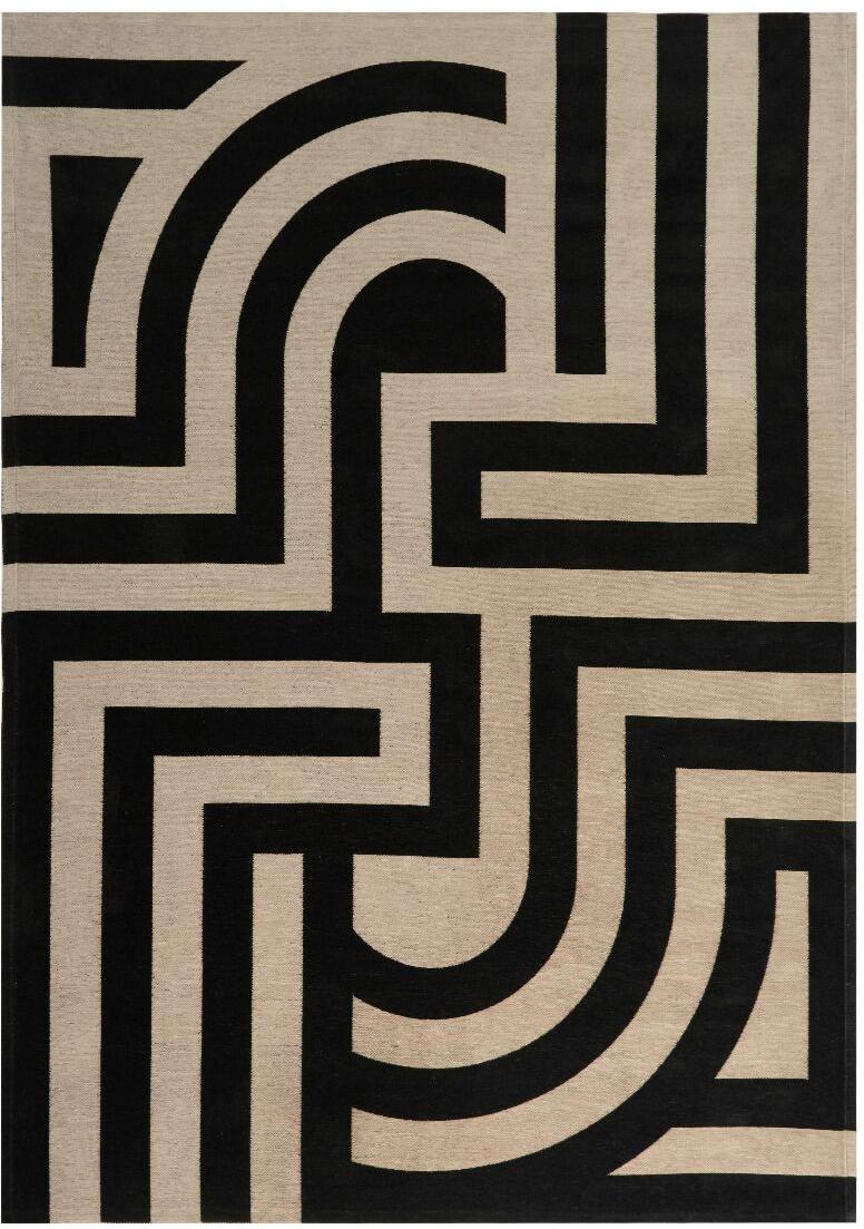 Dywan Tiffany Black z geometrycznym wzorem w stylu Art Deco w czarno-beżowej kolorystyce, łatwy w czyszczeniu.