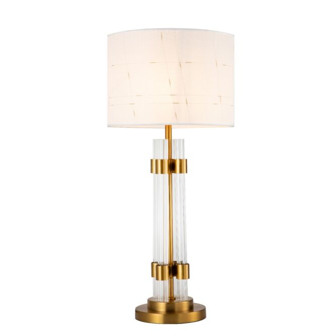 Lampa stołowa Florence ze szklaną tubą i metalową konstrukcją wykończoną złotym kolorem