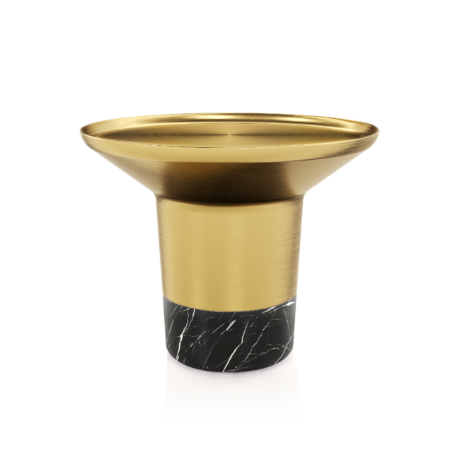 Stolik kawowy w kolorze złotej szczotkowanej stali z marmurową podstawą 