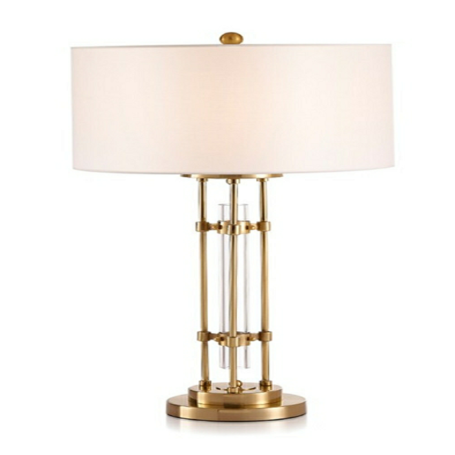 Lampa stołowa Florence ze szklaną tubą i metalową konstrukcją wykończoną złotym kolorem