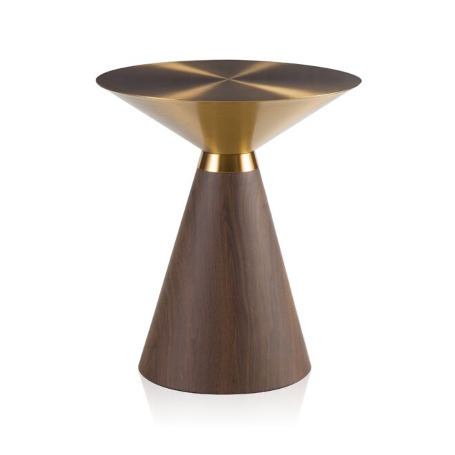 Stolik kawowy w kolorze złotej szczotkowanej stali z podstawą w kolorze drewna